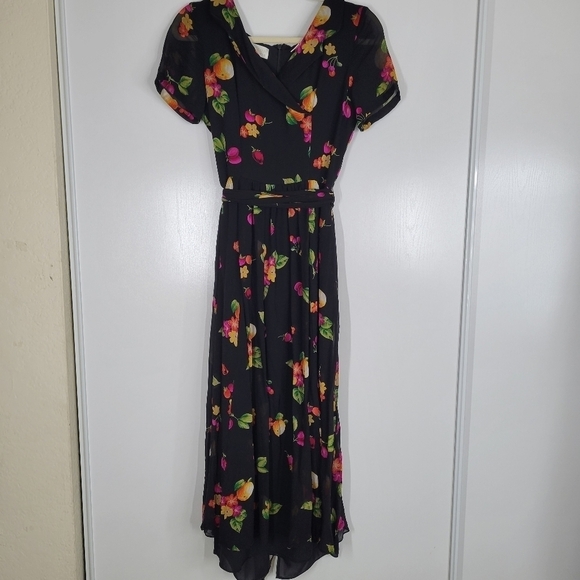 Dana Buchman‎ Vintage 90s Black Silk Chiffon Floral Fruit Dress Small Prairie - Picture 1 of 17